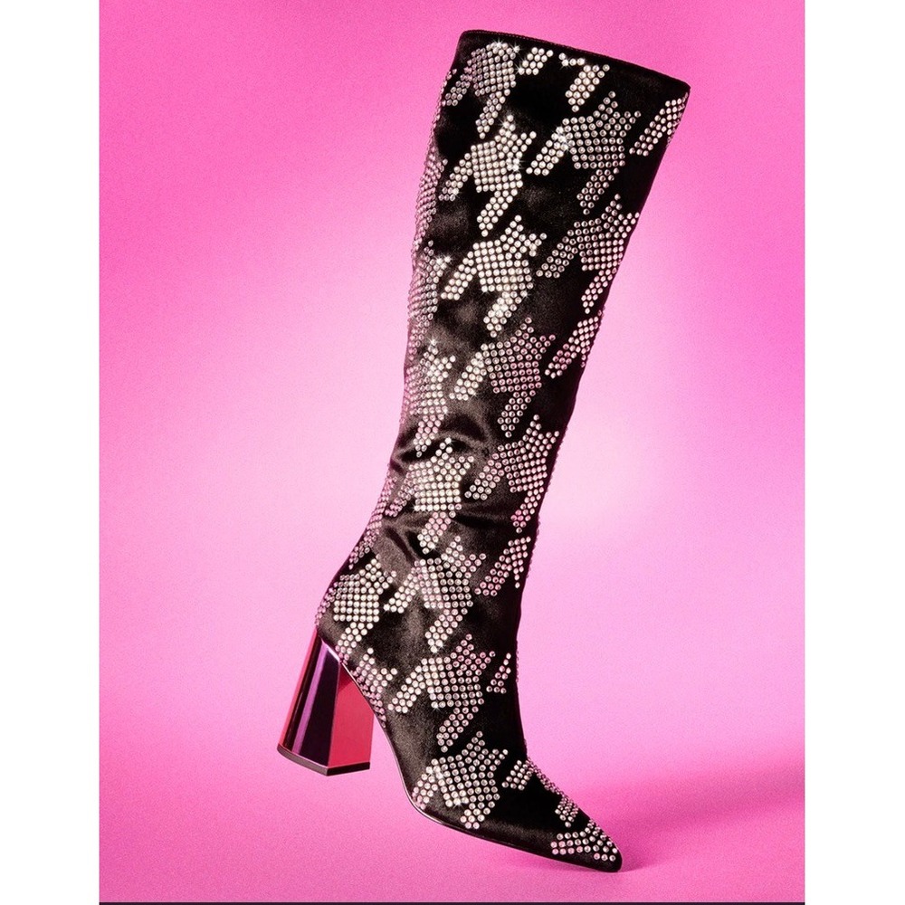 Betsey Johnson Naomy Rhinestone Houndstooth Knee High Boots‎ Black Pink NAOM01S5 - Picture 10 of 10